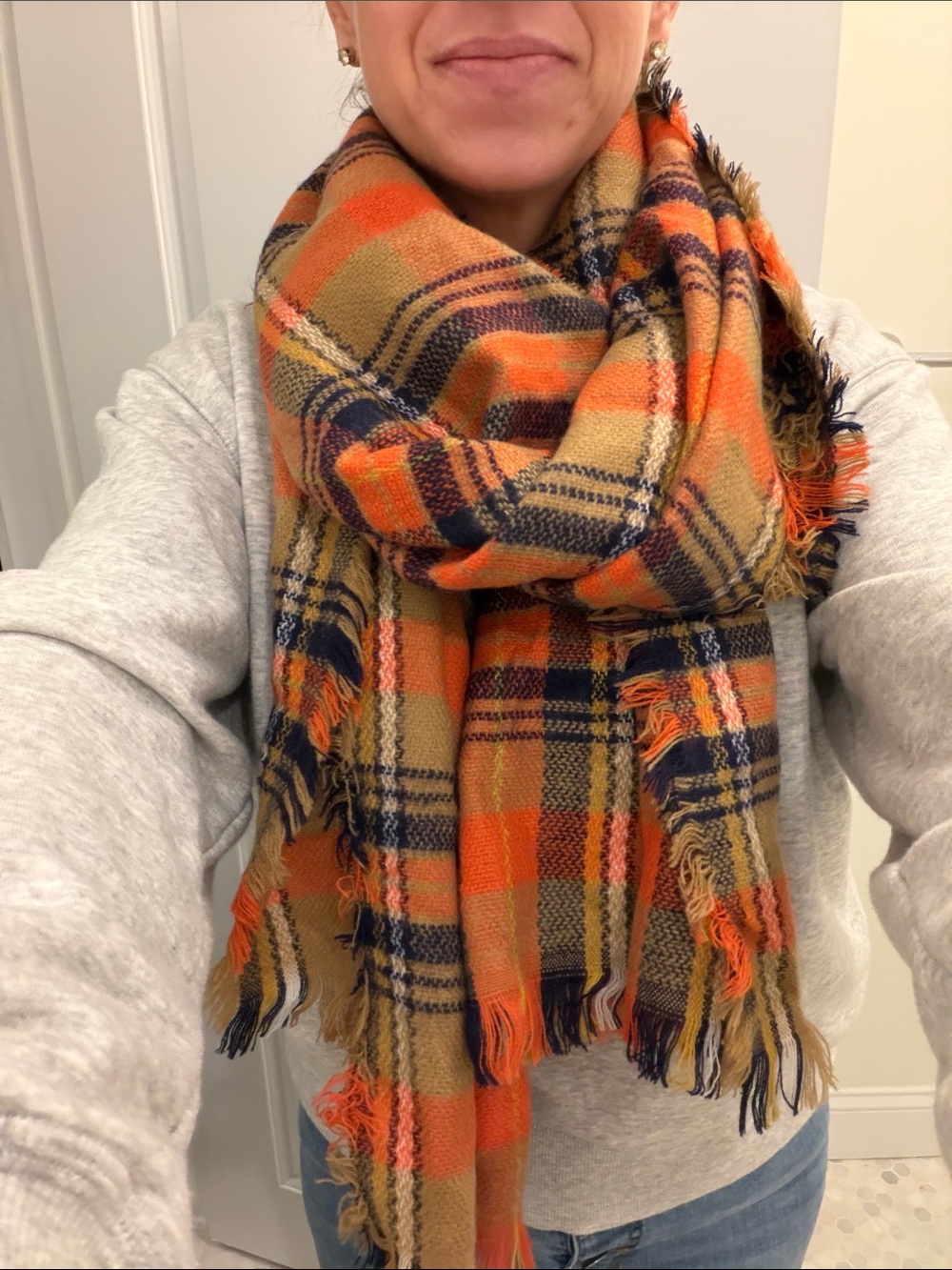 Cozy Plaid Fringe Scarf - Orange/Tan